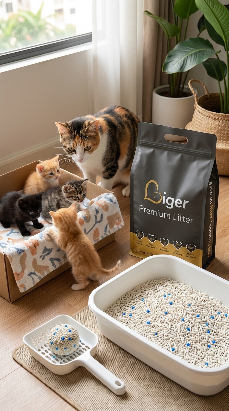 Seekor induk kucing dan beberapa ekor anak kucing berhampiran peket Liger dan dulang bersih di sudut rumah