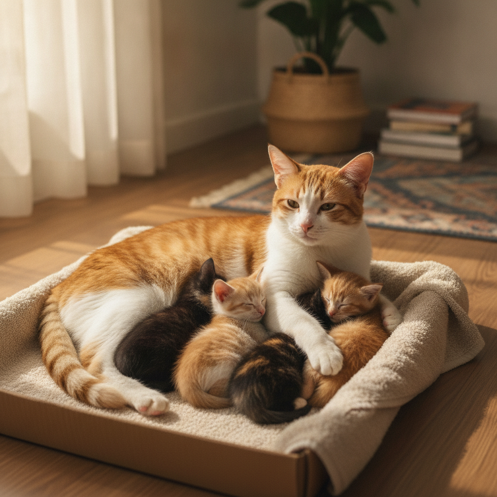 Seekor induk kucing bersama empat atau lima ekor anak kucing pelbagai warna dalam kotak yang selesa