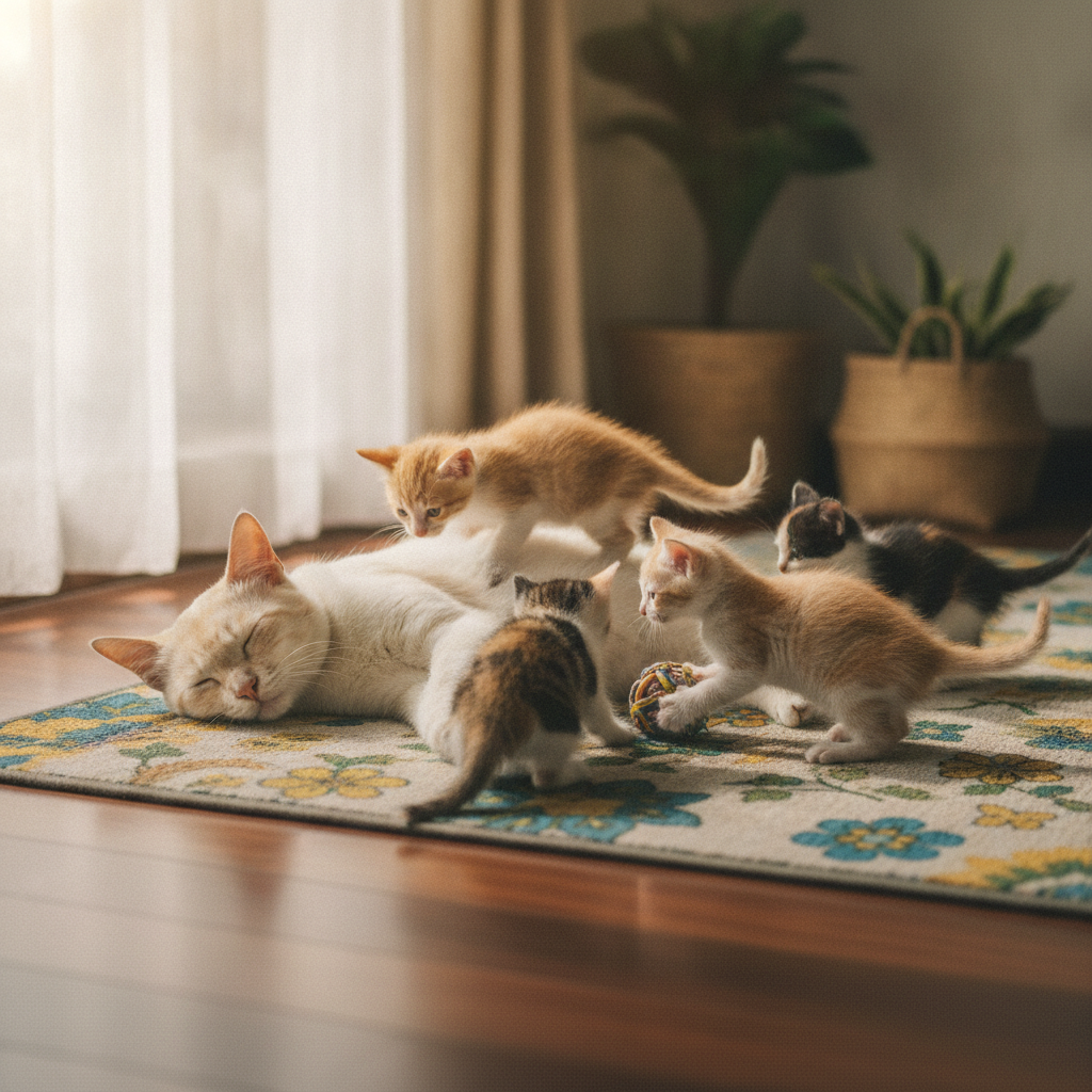 Seekor induk kucing berehat sementara beberapa ekor anak kucing bermain di sekelilingnya dalam rumah yang cerah