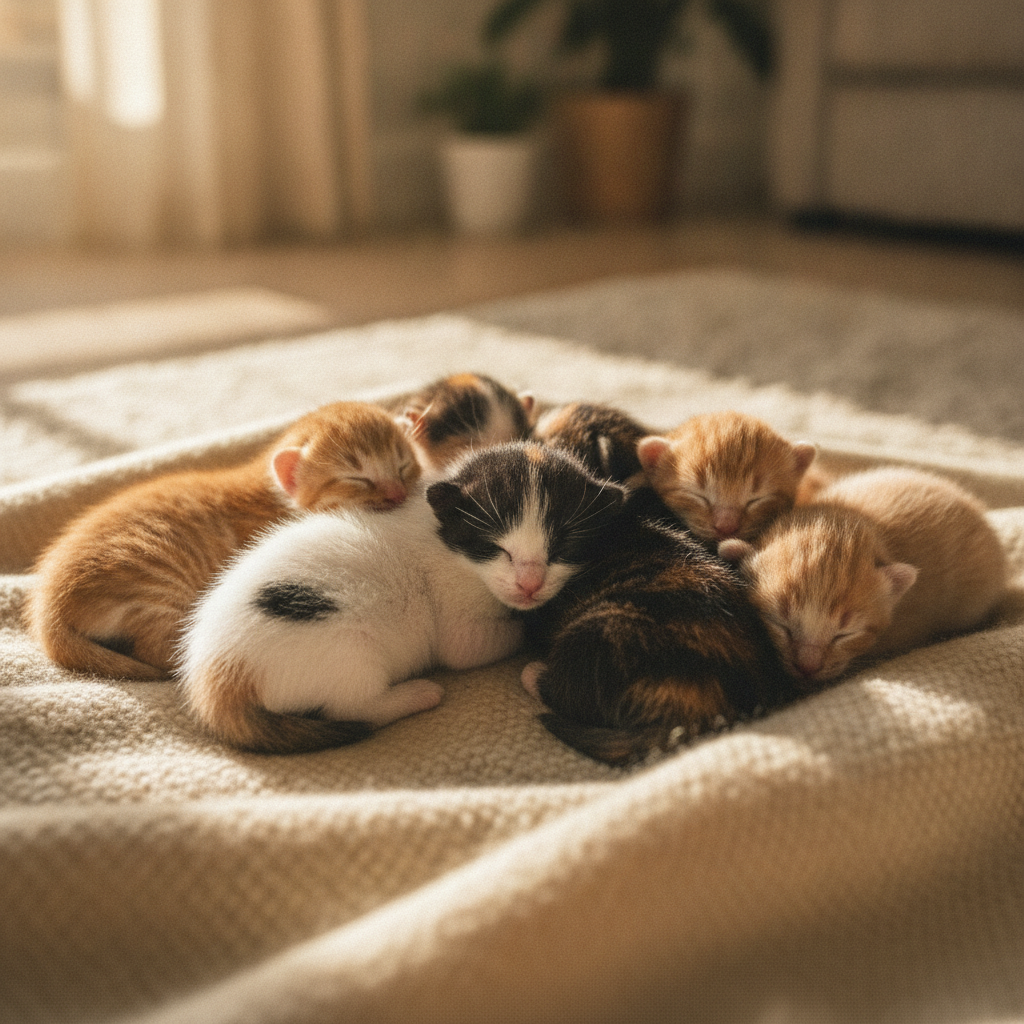 Sekumpulan lima atau enam ekor anak kucing pelbagai warna yang baru lahir berselimut tidur di atas selimut lembut