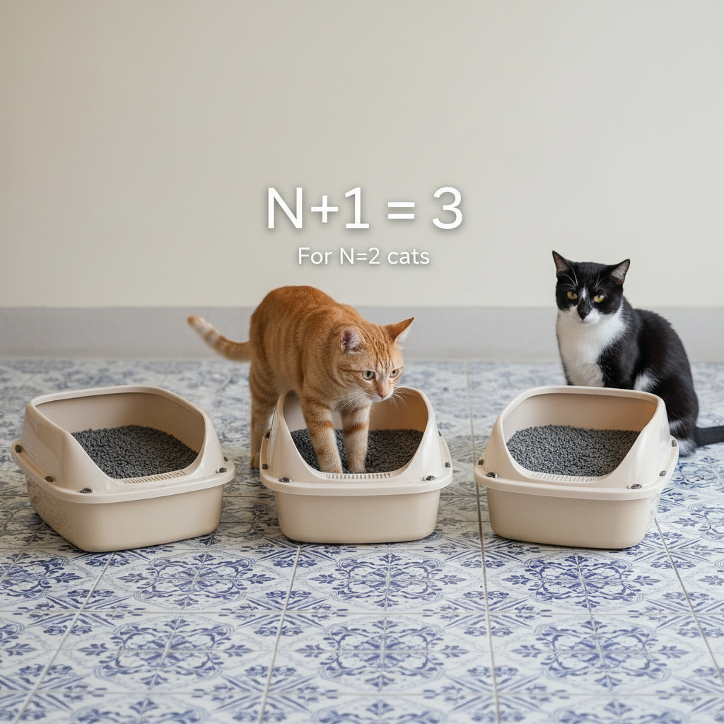 N+1 猫砂盆法则示意图：两只猫配三个砂盆