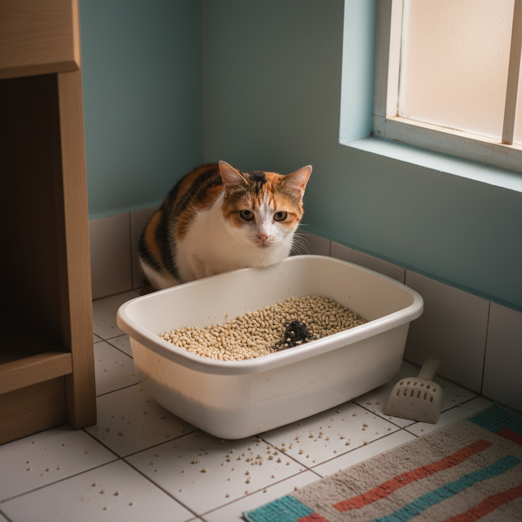 焦虑的猫坐在大马小浴室一个使用过度的猫砂盆旁