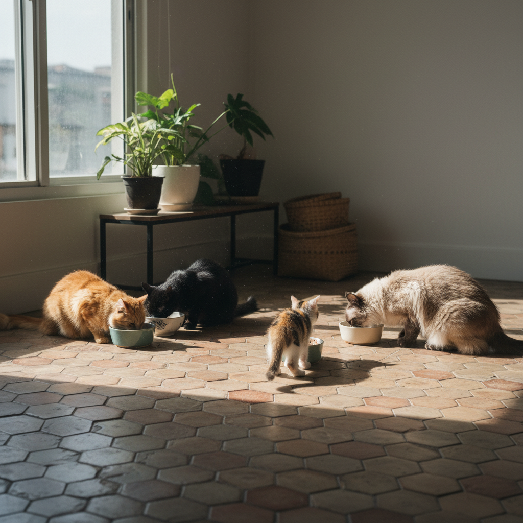 Multiple cats eating from separate measured bowls in a Malaysian home