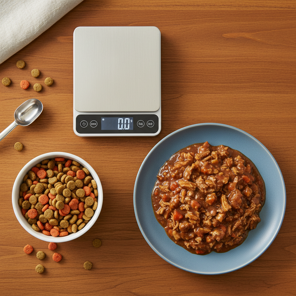 Dry kibble next to wet cat food on a kitchen scale showing portion comparison