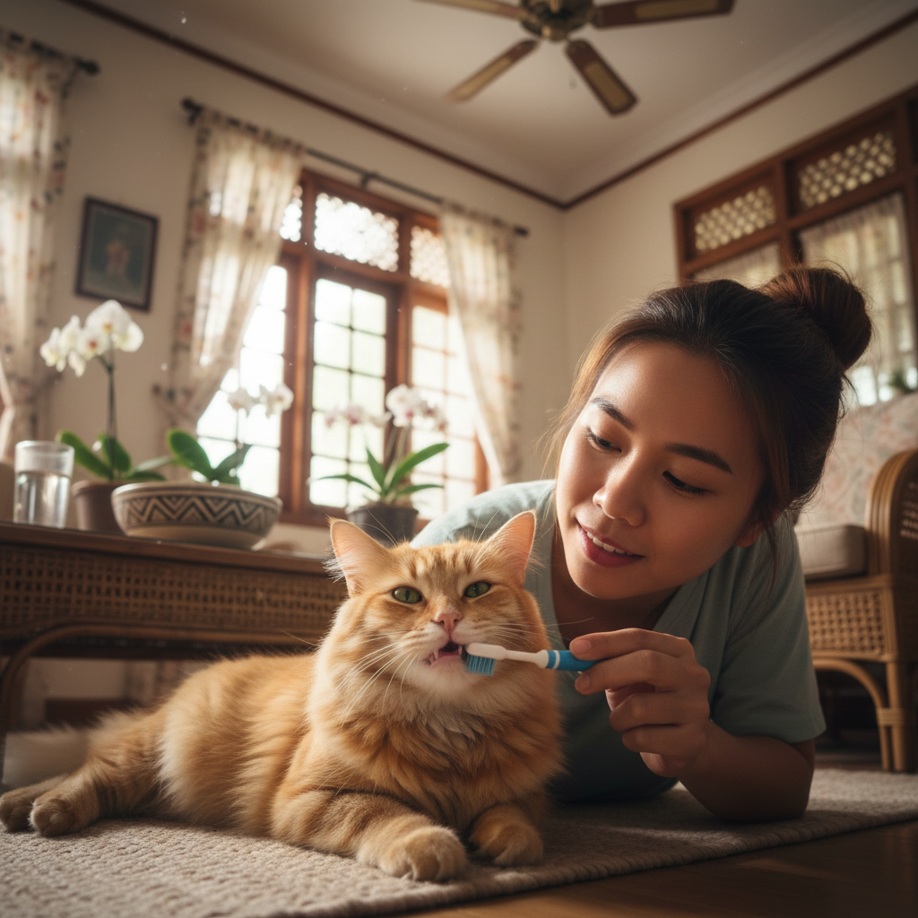 A cat owner gently brushing their relaxed cat's teeth with a small pet toothbrush