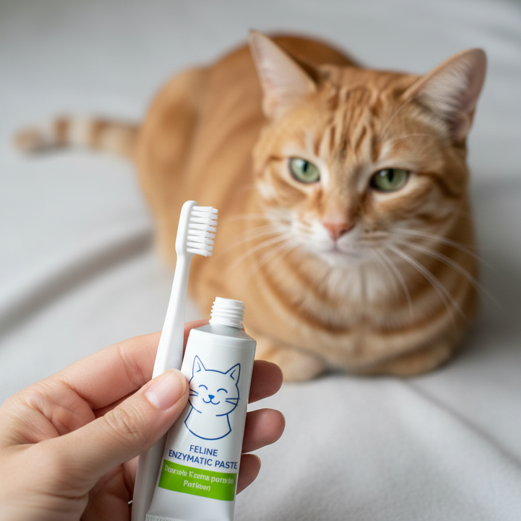 A pet toothbrush and cat-specific enzymatic toothpaste ready for brushing a cat's teeth