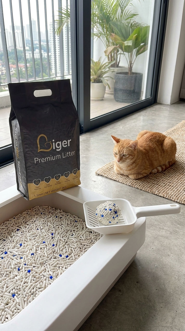 Persediaan kotak pasir dalaman yang kemas dengan pek Liger Premium Litter berhampiran pintu balkoni kondo