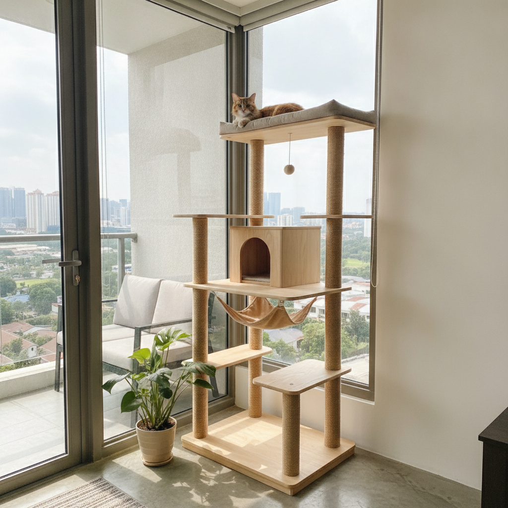 Kucing berehat di atas bertengger atas cat tree berbilang aras di tepi tingkap kondo