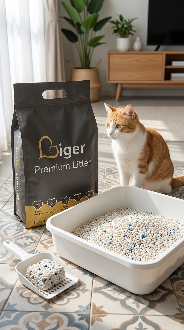 Pek Liger Premium tofu cat litter 2kg di sebelah kotak pasir bersih di jubin Malaysia