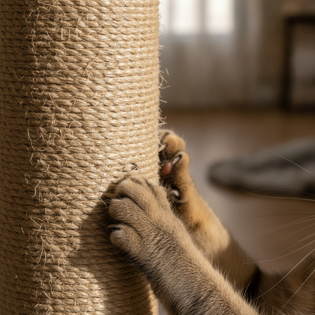 Kaki kucing mencengkam permukaan kain sisal yang kasar pada tiang garukan
