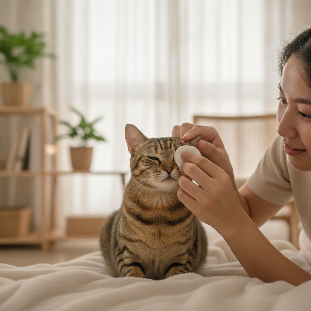 Owner gently wiping a cat's eye with a soft cotton pad