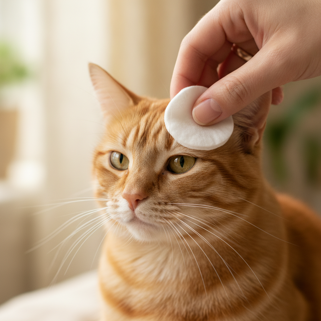 Wiping a cat's eye from the inner corner outward with a cotton pad