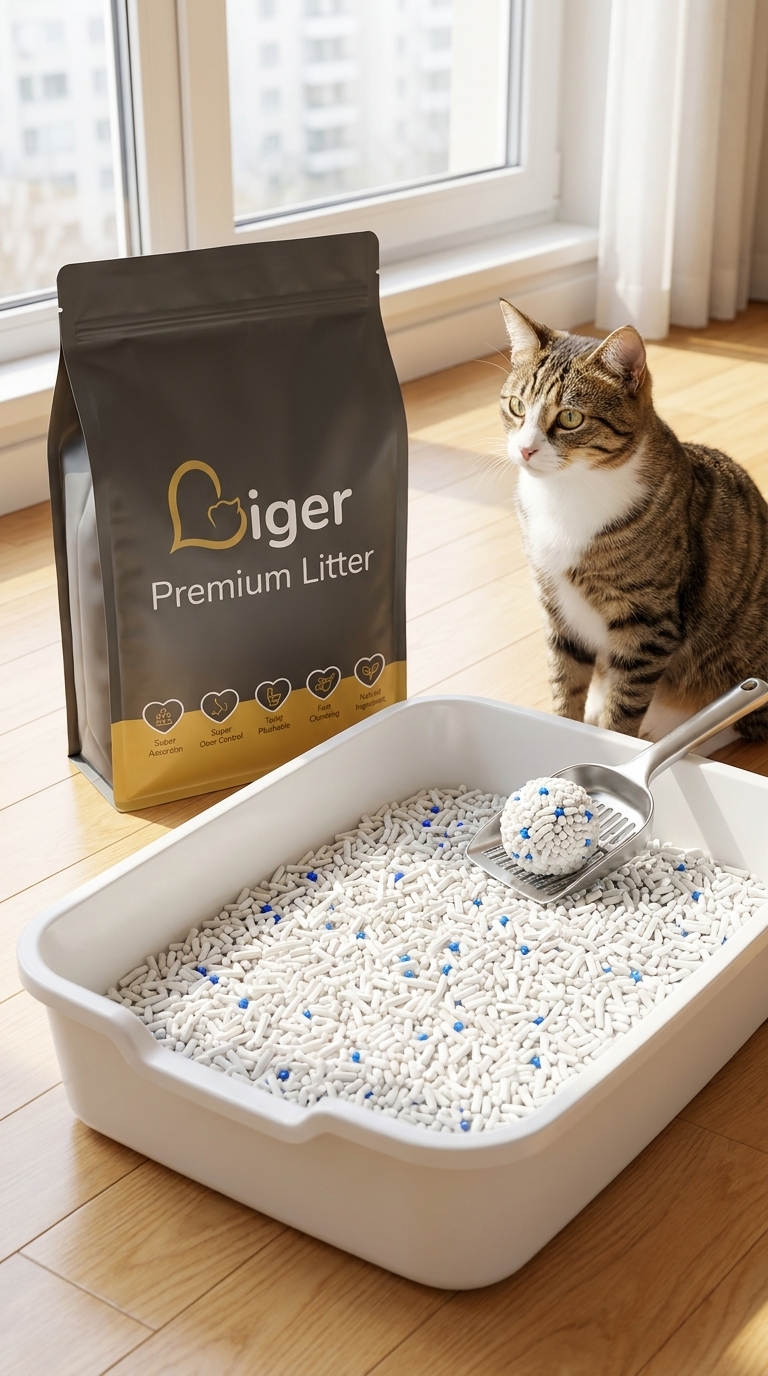 Liger low-dust tofu cat litter pouch beside a clean box and a bright-eyed cat