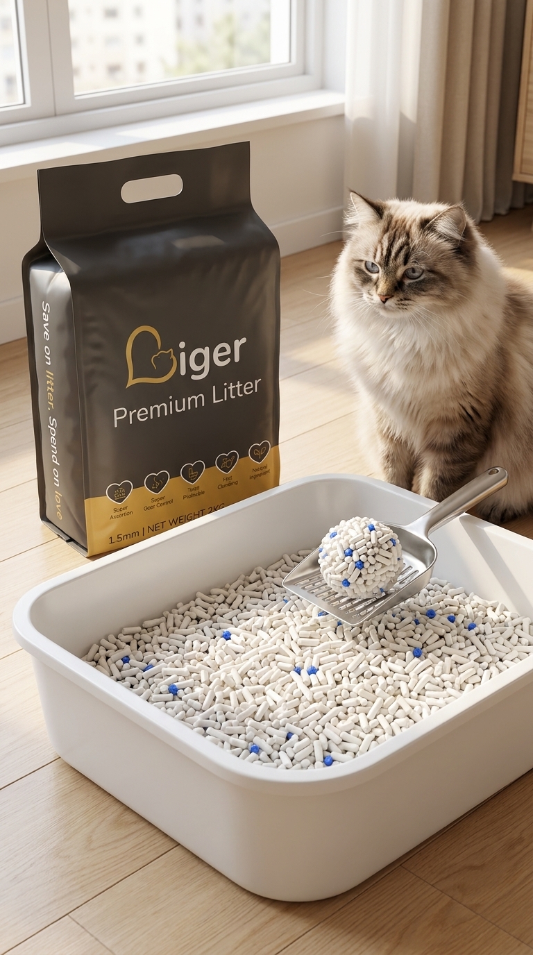Liger豆腐猫砂袋放在干净猫砂盆旁边，旁边坐着一只整洁的长毛猫