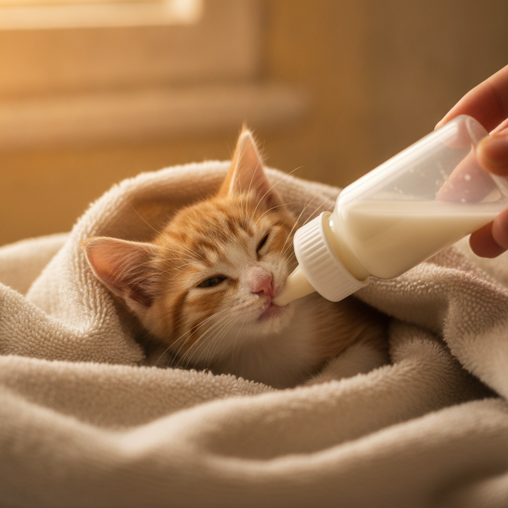 Anak kucing diberi susu botol dalam posisi meniarap pada sudut yang betul