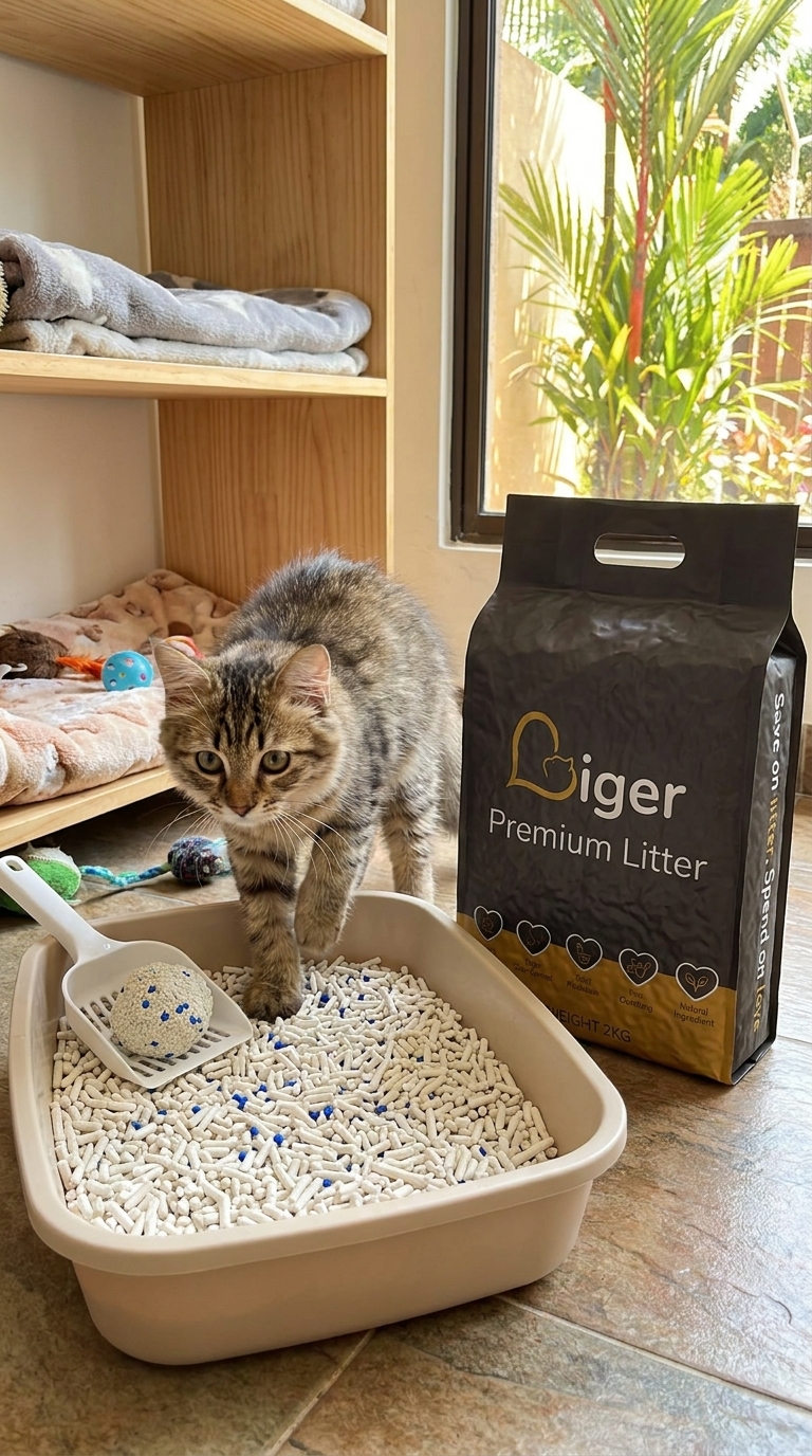 Kotak pasir anak kucing bersisi rendah dengan sebeg pasir kucing tofu Liger