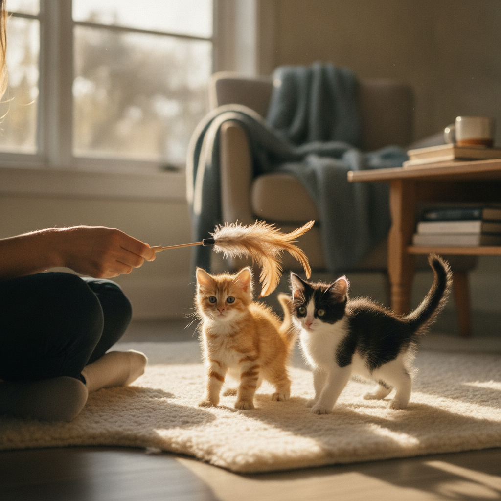 Seseorang bermain dengan dua anak kucing muda menggunakan mainan wand