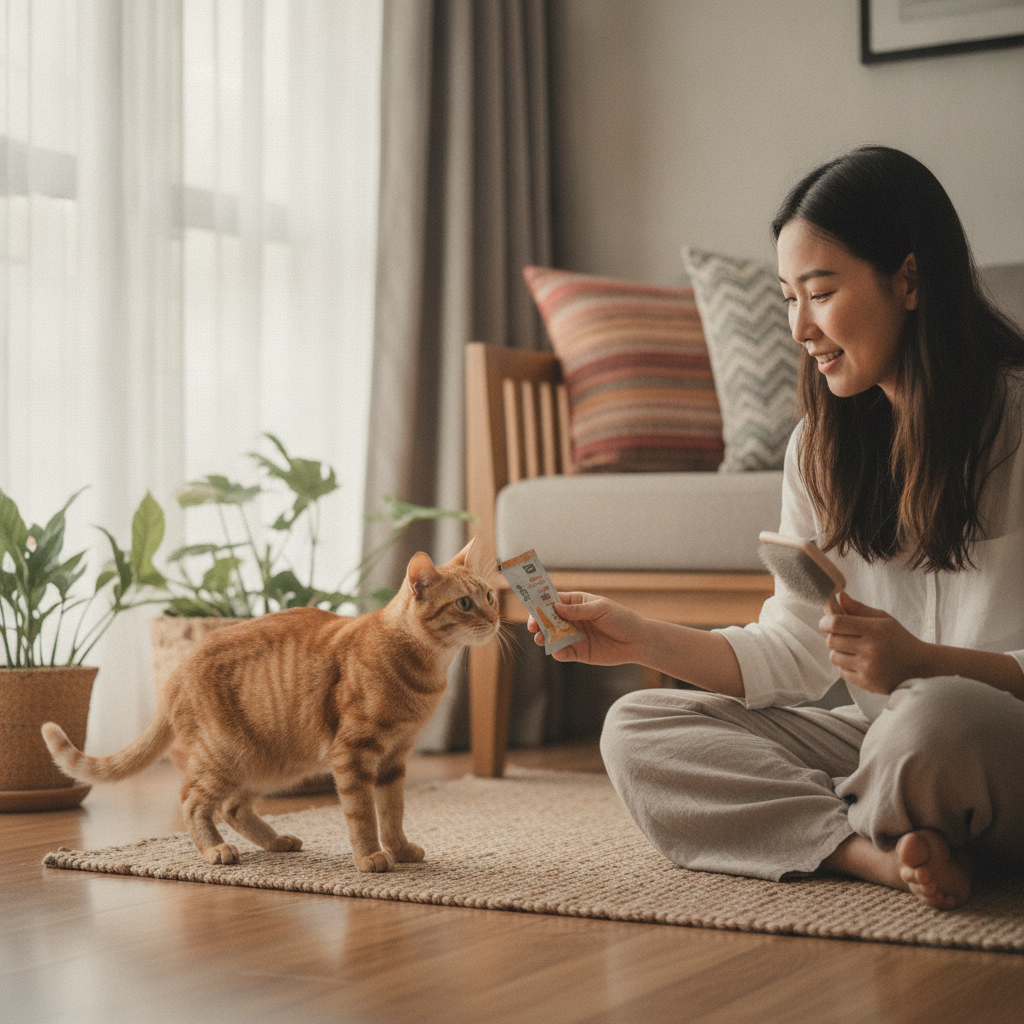主人一手拿零食、一手拿软刷,帮助紧张猫咪接受梳理