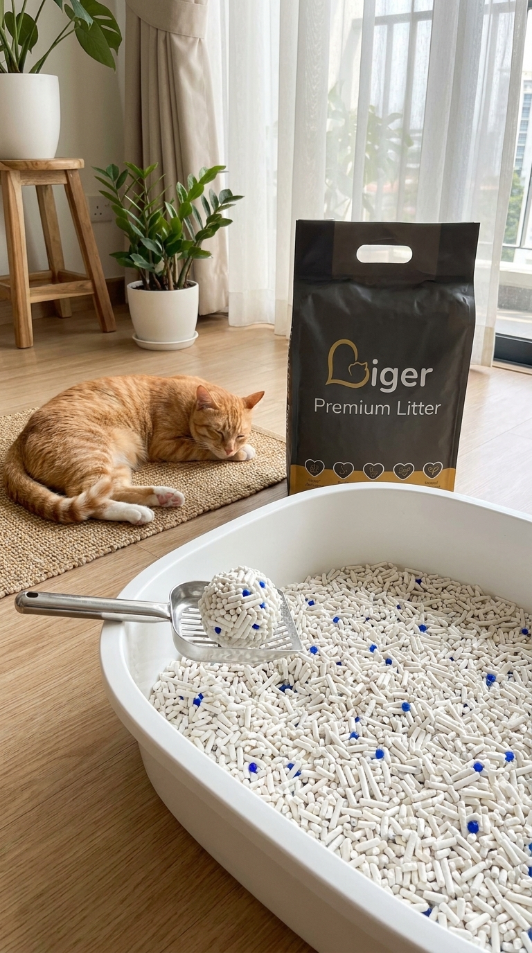 Liger 豆腐猫砂袋摆放在干净猫砂盆旁,营造低压力的居家环境