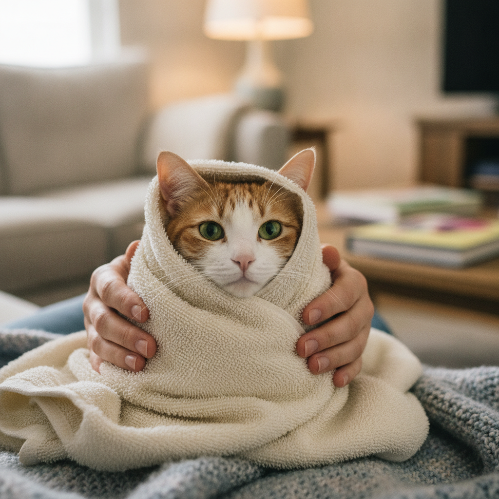 猫咪被安全包裹在毛巾卷饼中,头部露出