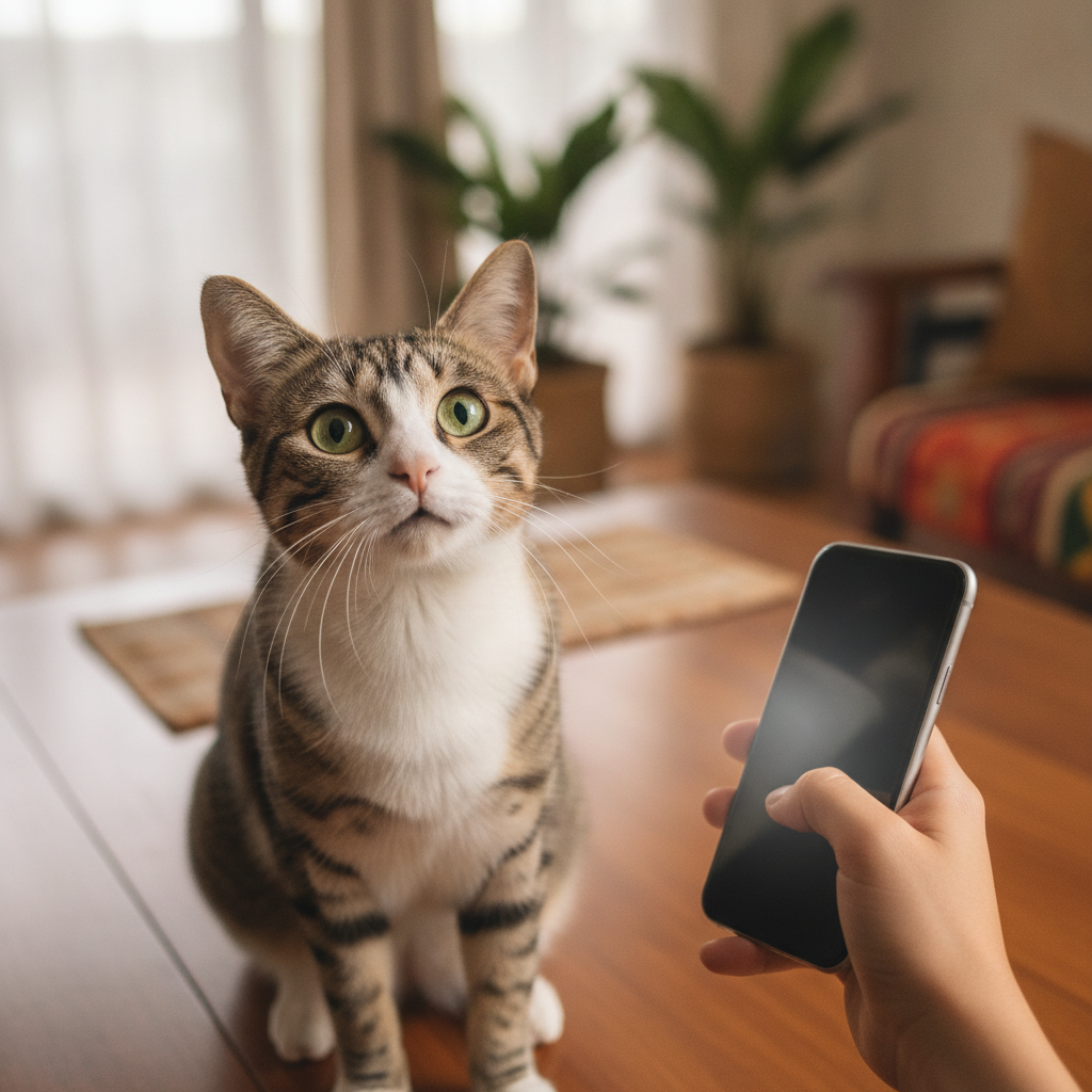 Seekor kucing baka campuran yang ingin tahu sedang dikenal pasti oleh pemiliknya di rumah Malaysia yang cerah