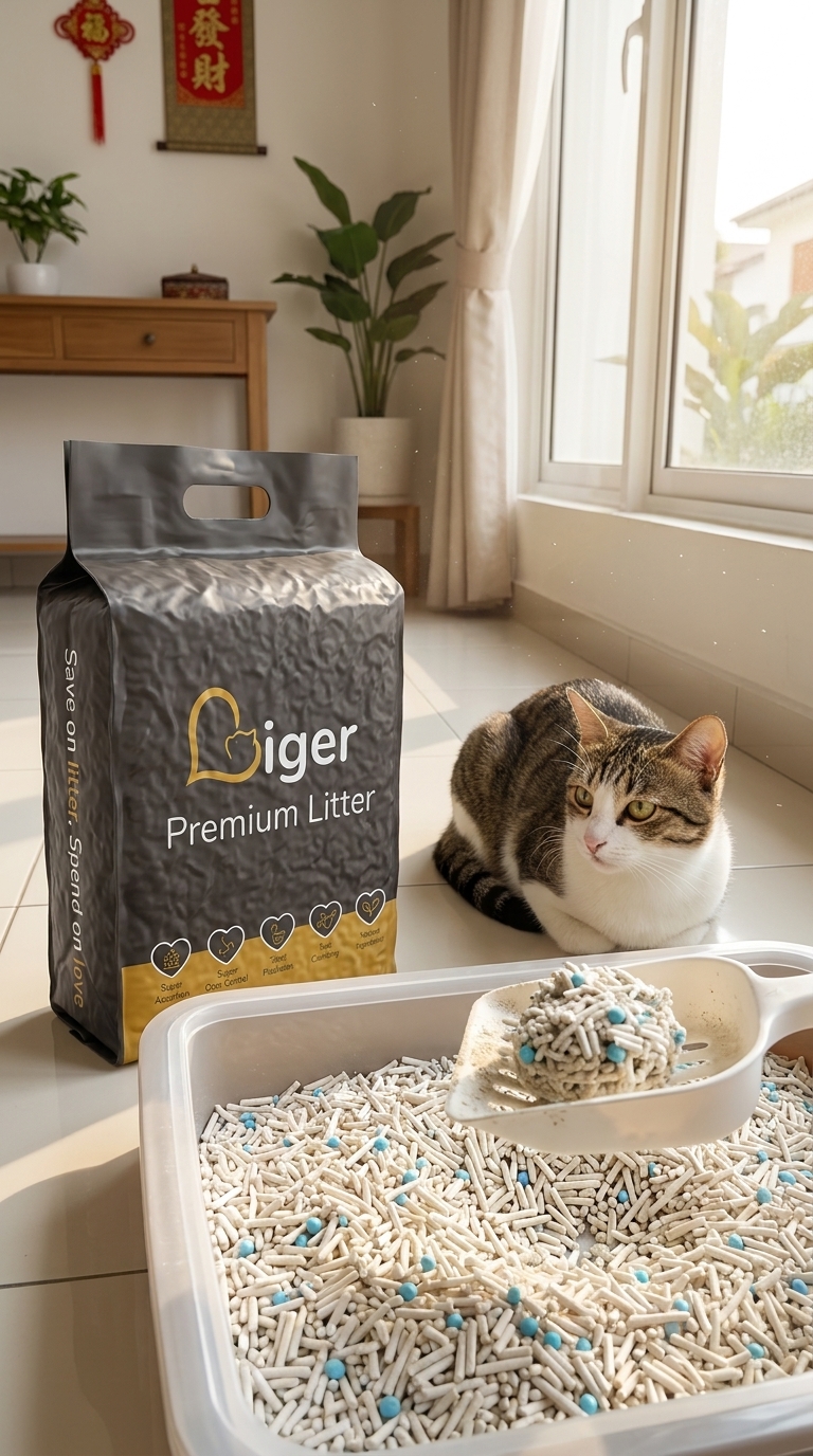 Pek Liger Premium Tofu Cat Litter di sebelah tray pasir dengan seekor kucing kampung berdekatan