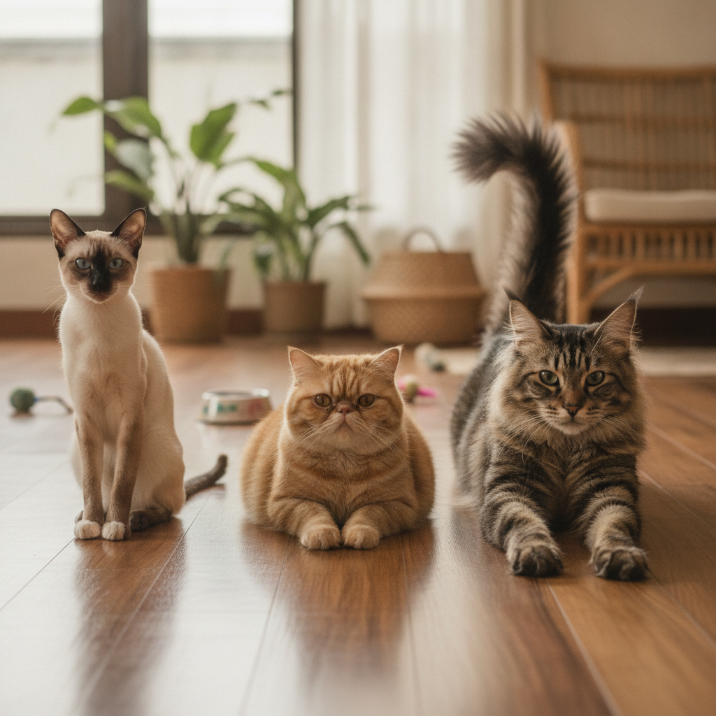 Tiga ekor kucing menunjukkan jenis badan cobby, substantial dan foreign secara berdampingan