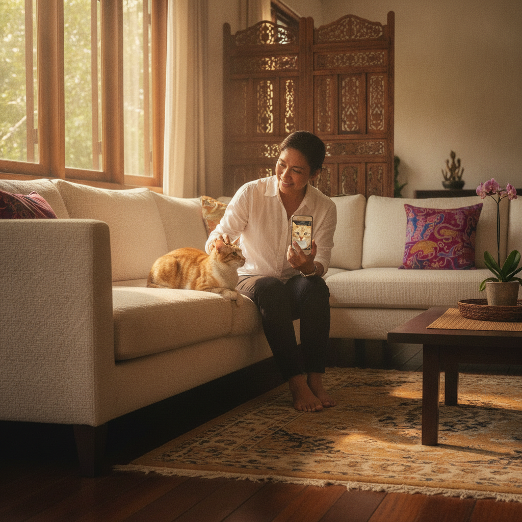 Seseorang menggunakan telefon untuk mengenal pasti baka kucing tabby mereka di atas sofa