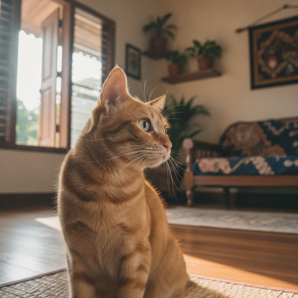 Seekor kucing memalingkan kepala dan telinganya ke arah pemilik yang memanggilnya