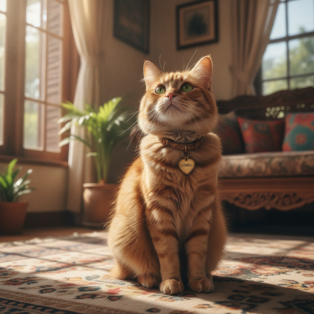 Seekor kucing dengan tag nama memandang ke atas dengan penuh perhatian di sebuah rumah yang cerah