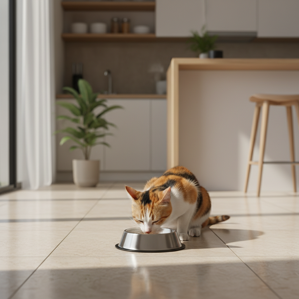 Seekor kucing makan dari mangkuk keluli tahan karat di dapur Malaysia yang cerah