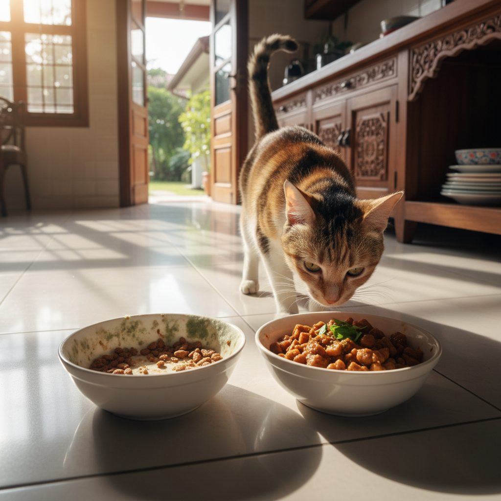 A cat sniffing at two bowls of cat food during a food transition