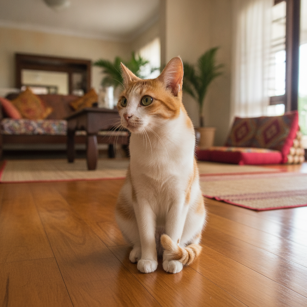 Seekor kucing memutar telinganya dengan penuh perhatian ke arah tuannya
