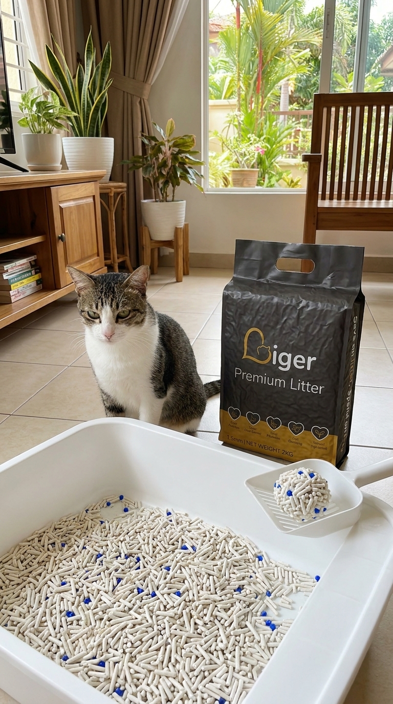 Seekor kucing yang tenang di sebelah kotak pasir bersih dan sebeg Liger tofu cat litter