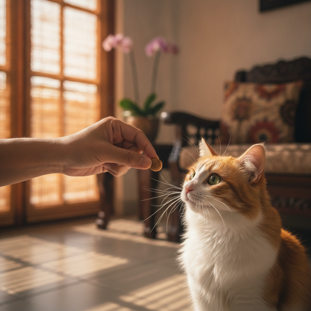 Seseorang memberi ganjaran kepada kucing dengan makanan ringan kerana menyahut namanya
