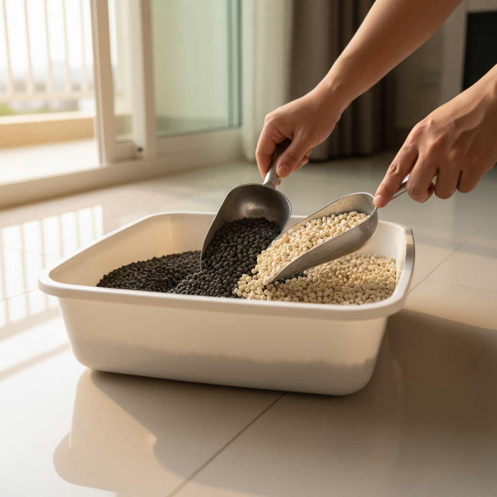 Hands mixing grey bentonite litter and cream tofu pellets in a white litter box during a tofu cat litter transition