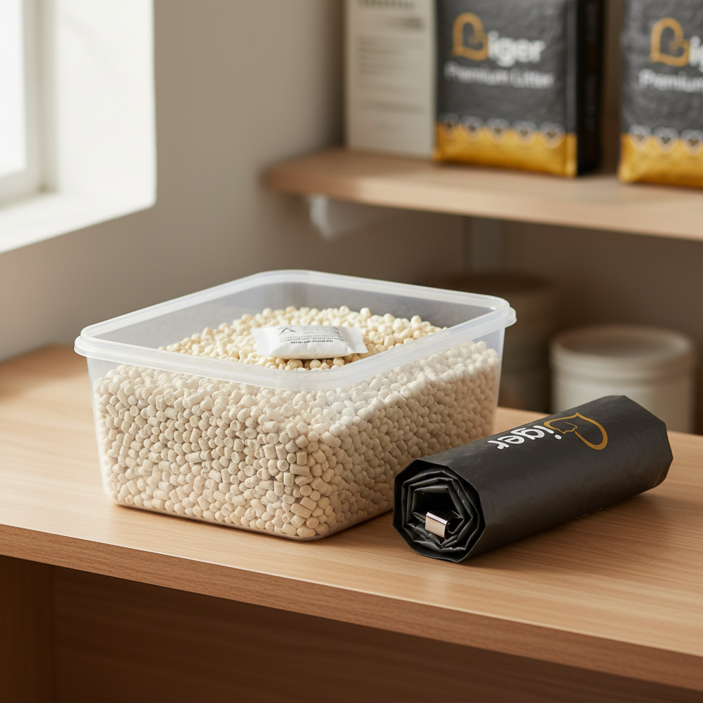 Tofu cat litter stored in a clear airtight container with a silica desiccant pouch on a pantry shelf in a Malaysian home