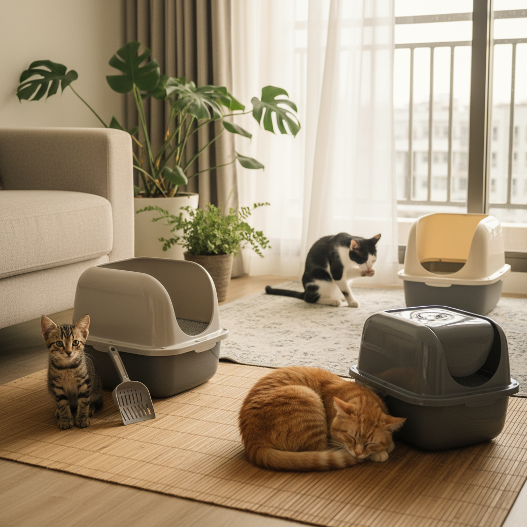 Three cats in a Malaysian condo each with their own litter box placed in different corners of the living room