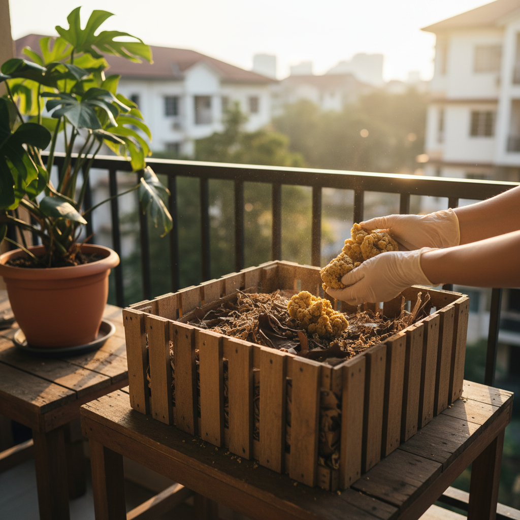 Used tofu cat litter urine clumps being added to a home compost bin with dry leaves on a Malaysian apartment balcony