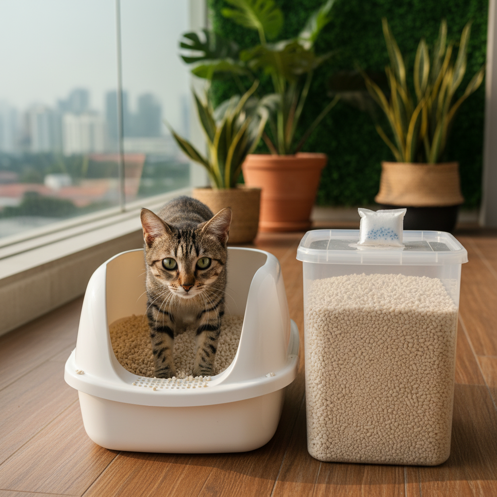 A short-haired tabby cat stepping into a clean litter box of tofu pellets on a Malaysian condo balcony, with a sealed storage container nearby