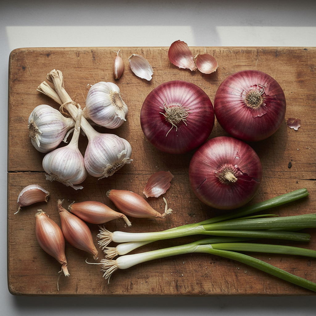 Onions, garlic, shallots and spring onions on a wooden kitchen board