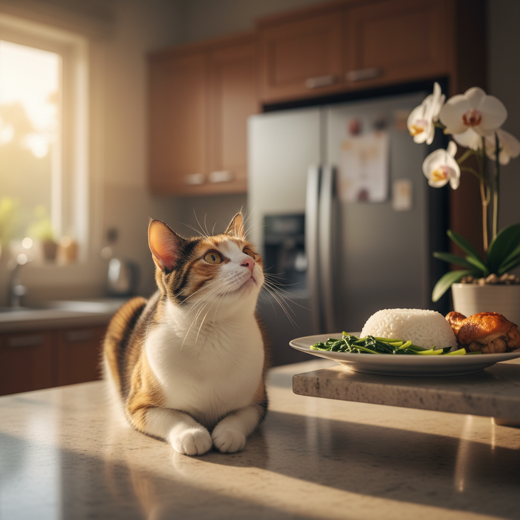 A curious cat looking up at human food on a Malaysian kitchen table