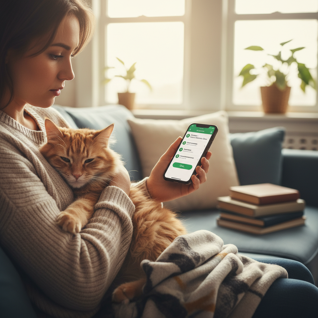 A cat owner calmly phoning the vet while holding their cat