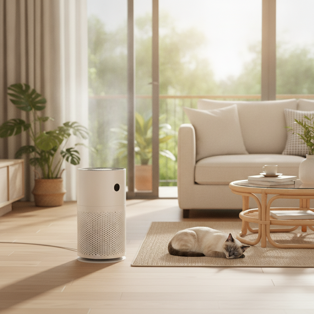 A HEPA air purifier running in a clean Malaysian living room with a cat nearby