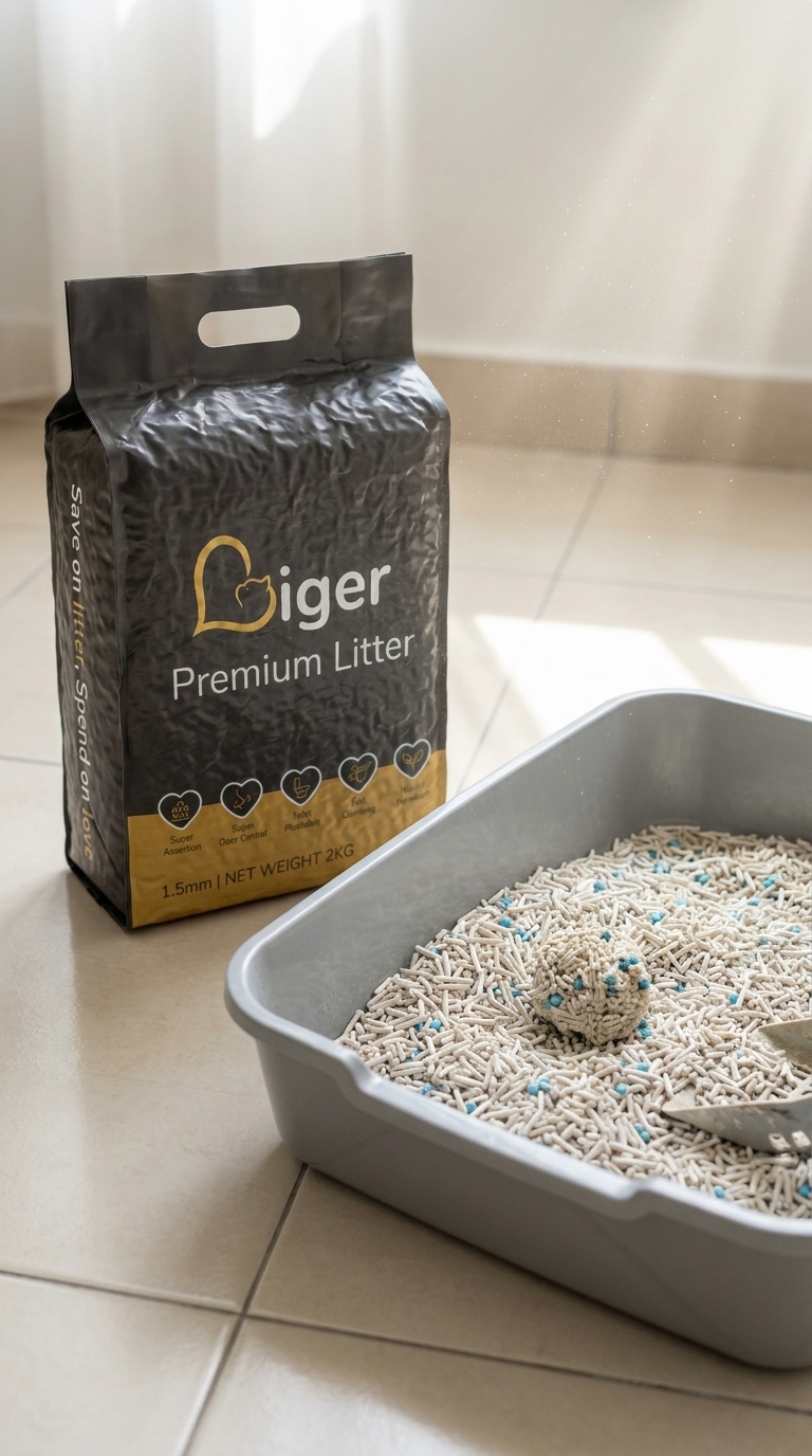 Liger Premium Tofu Cat Litter pack beside a litter tray in a bright low-dust Malaysian home
