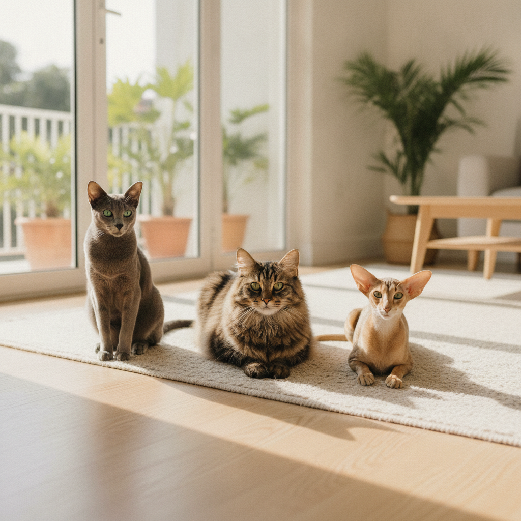 A Siberian, a Russian Blue and an Oriental Shorthair cat together in a bright Malaysian home