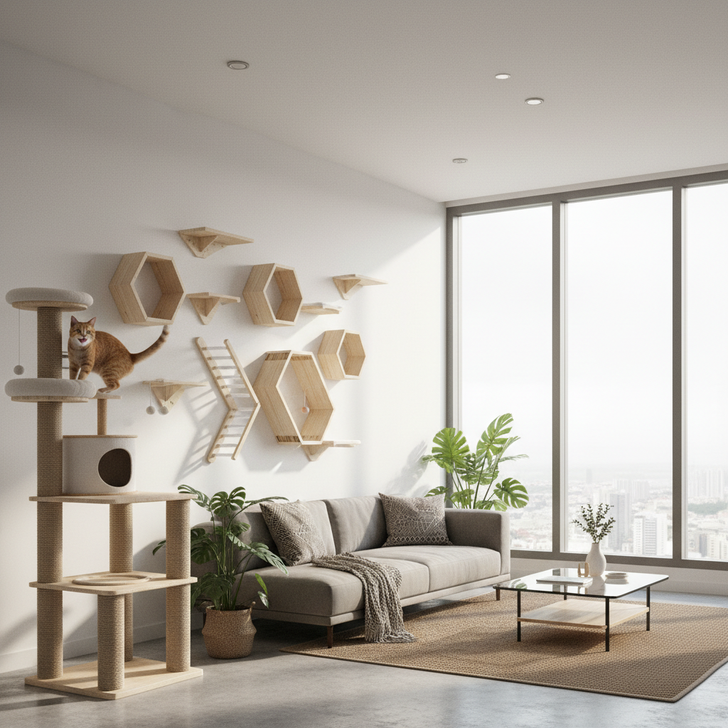 Wall-mounted cat shelves and a cat tree maximising vertical space in a condo
