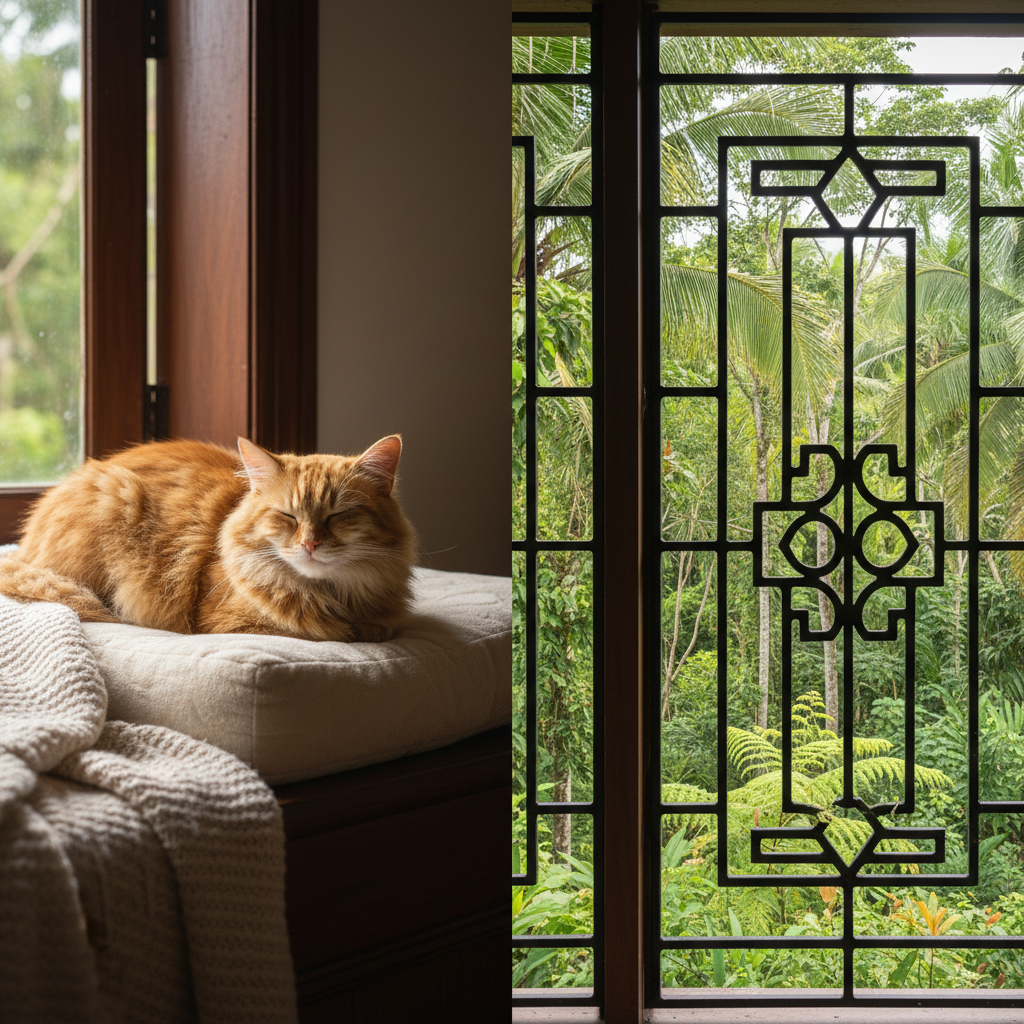 A cat watching the outdoors safely from behind window grilles in a Malaysian condo