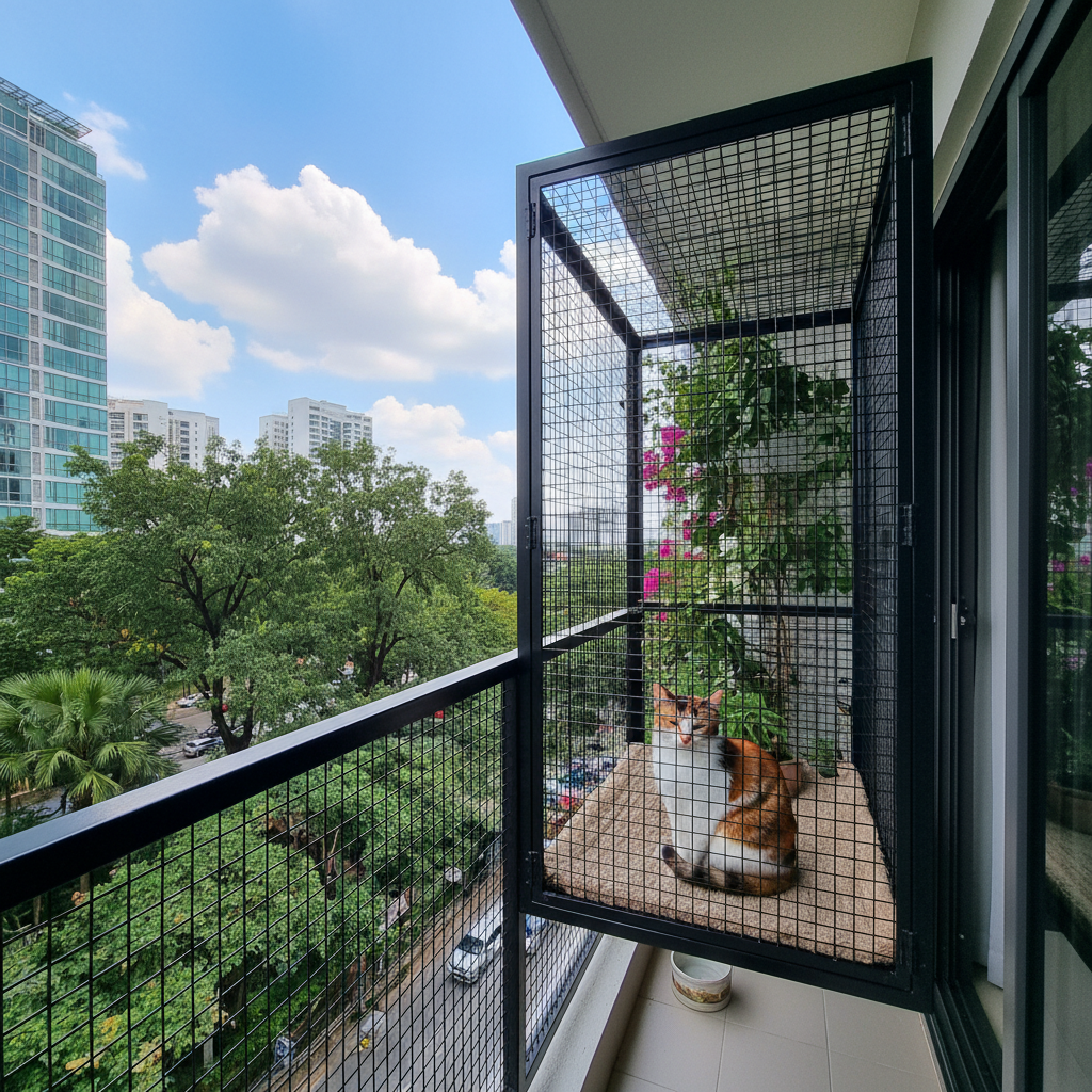A cat relaxing safely in a mesh-enclosed balcony catio in a Malaysian apartment