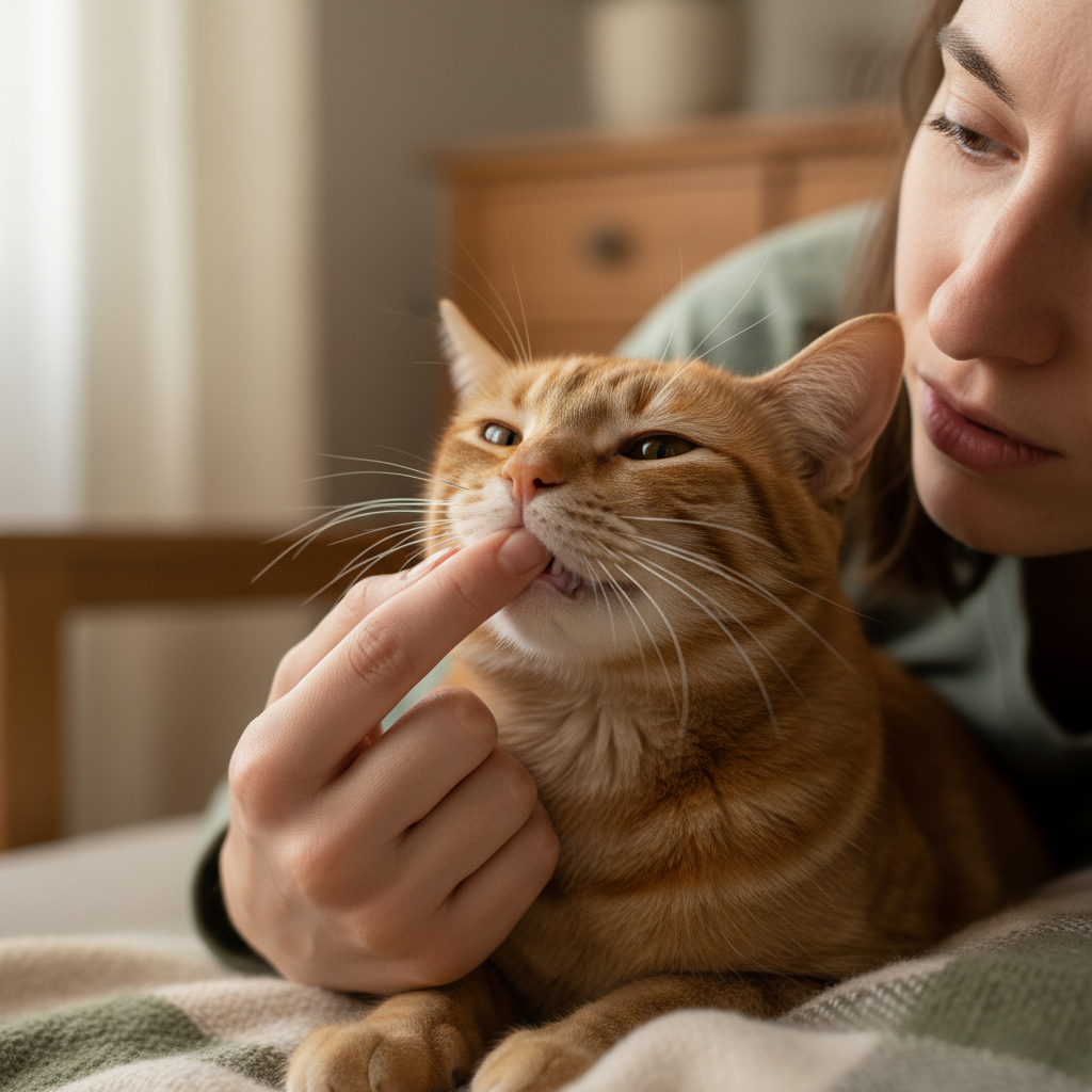 Memeriksa gusi kucing untuk menguji dehidrasi